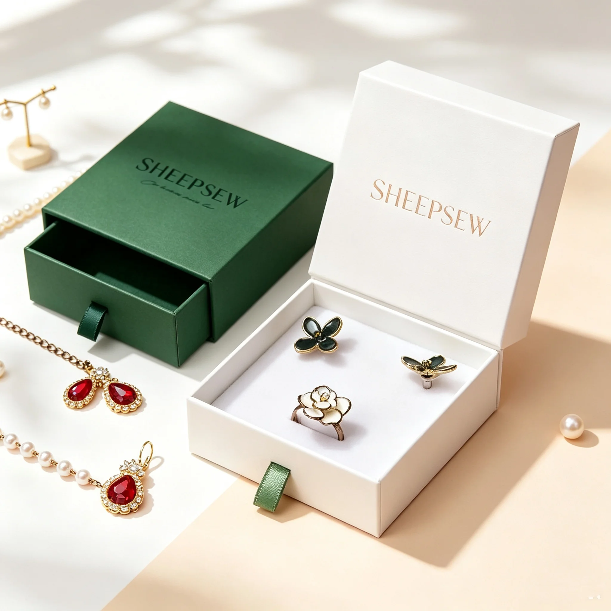 50pcs Sheepsew Custom Logo Jewelry Gift Paper Drawer Box Recyclable Luxury Ring Earrings Necklace Rigid Cardboard Box