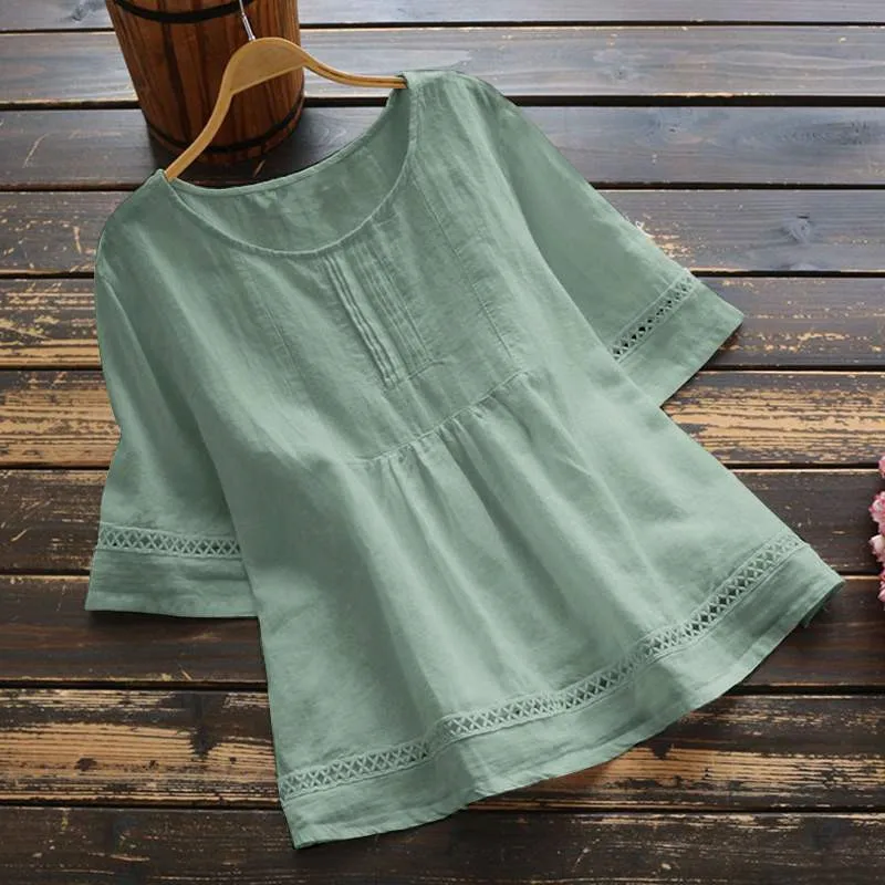 New Women's Elegant Cotton and Hemp Shirt Solid Color Casual Round Neck Hollow Half Sleeve Splicing Fashion Women's Top image 2