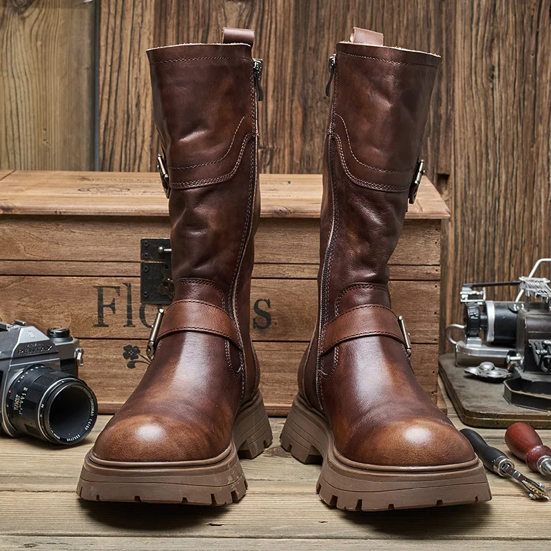 Euro Size 38-44 New Men\'s Winter Mid-calf Buckle Belt Leather Knight Boots Cool Shoes Young Man