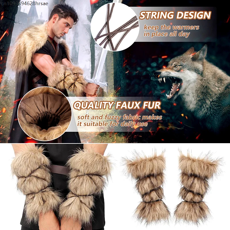Medieval Costume Accessories Viking Shawl Quality Faux Fur Wrap Sleeve Cover Leg Covers Cosplay Costume Adjustable Lace Up Cloak