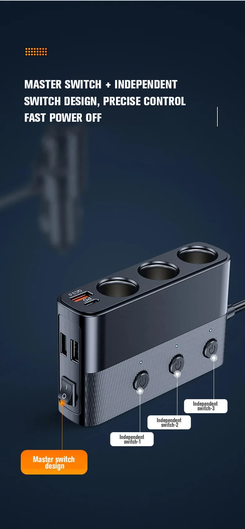 Multifunktions-Autoladegerät 127W Super-Flash-Autoladegerät Zigarettenanzünder-Konverter-Adapter QC3.0 Multi-Port-Schnellladegerät – Detail 5