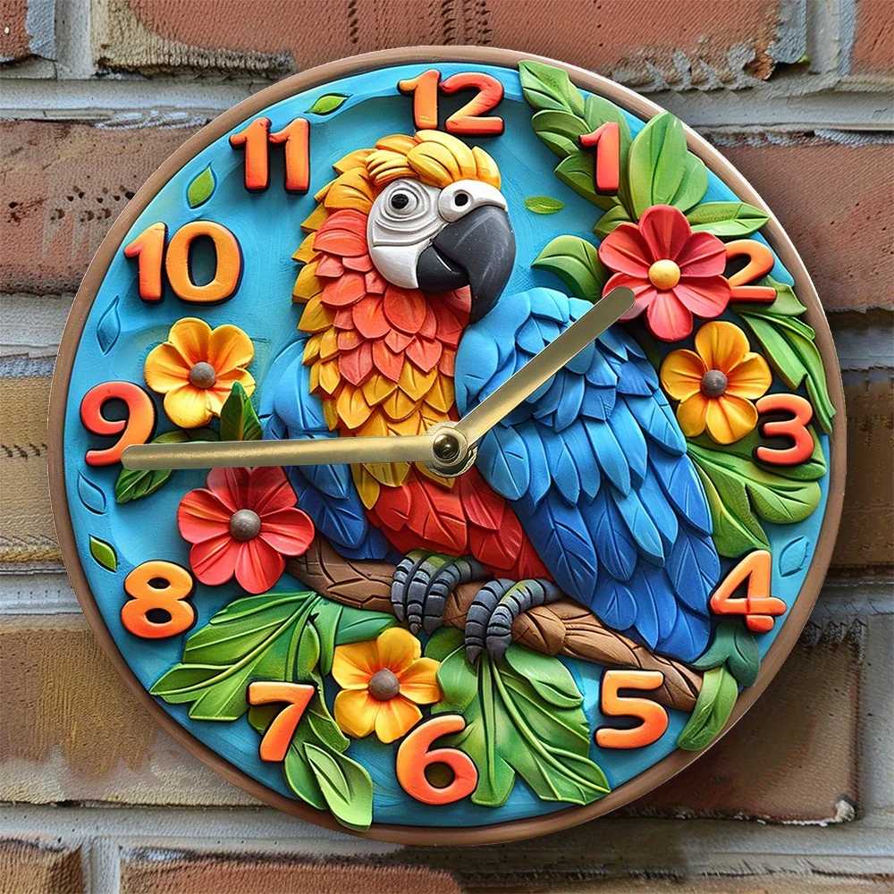 DIY Wall Clock Kit with Parrot Theme - 2D Effects, Tropical Flowers & Birds Decor, Autumn-Inspired Timepiece for Home Office