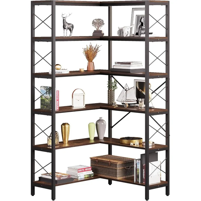 Corner Bookshelf 6-Tier,  Shelf L-Shaped, Large Etagere Bookcase Industrial Style with Metal Frame for Home Office Shelves