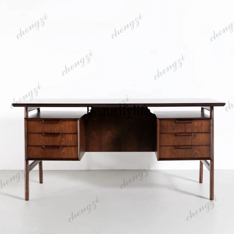 Medieval retro desk solid wood writing desk Nordic teak rose wood