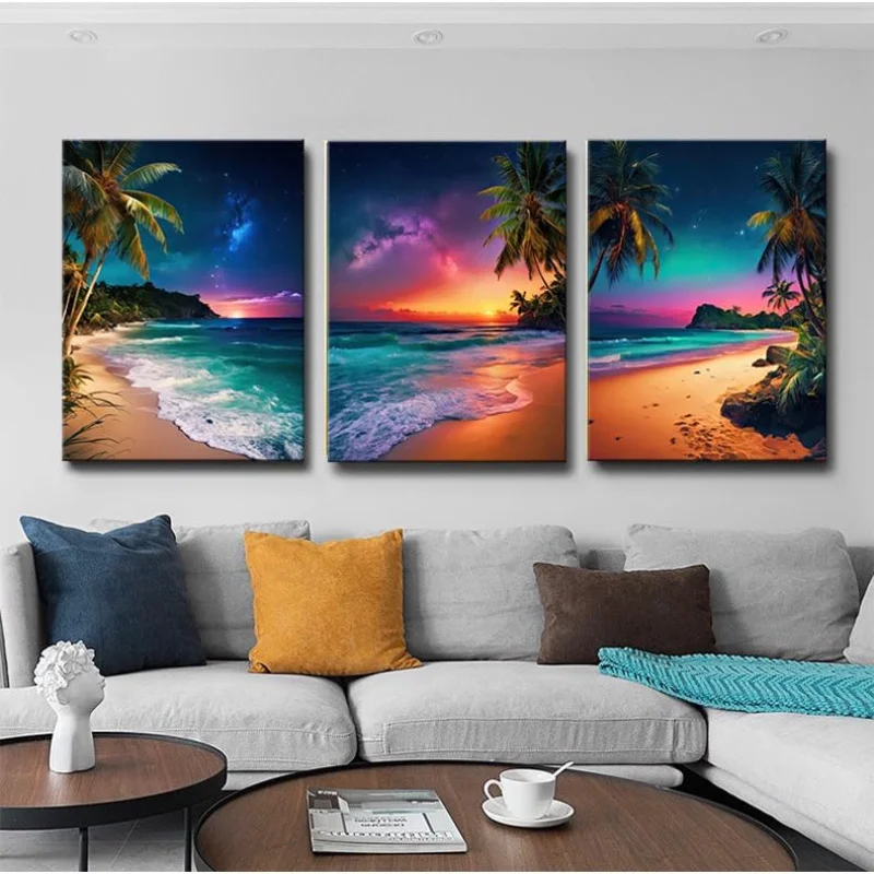 3pcs--Seascape theme canvas wall art painting, 2D flat surface, suitable for indoor Easter, Mother's Day, Mardi Gras, St. Pat