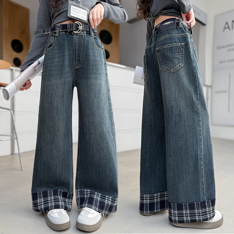 

Spring Autumn Children Brief Style Loose Straight Jeans with Plaid Bottoms for Teenage Girl New Design Denim Pants Kids Trousers
