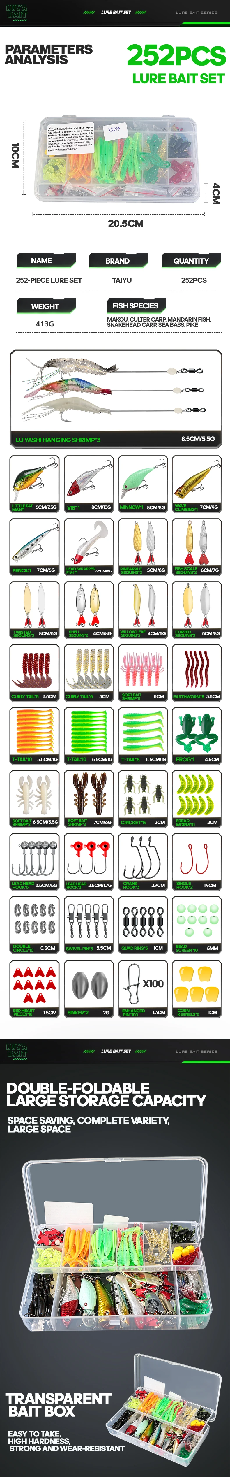 TAIYU 93/252 Stück Angelköder-Set für Forelle/Hecht/Barsch, Multi-Köder-Angelset, weiche/harte Köder und Zubehör mit geschichtetem Tackle – Detail 2