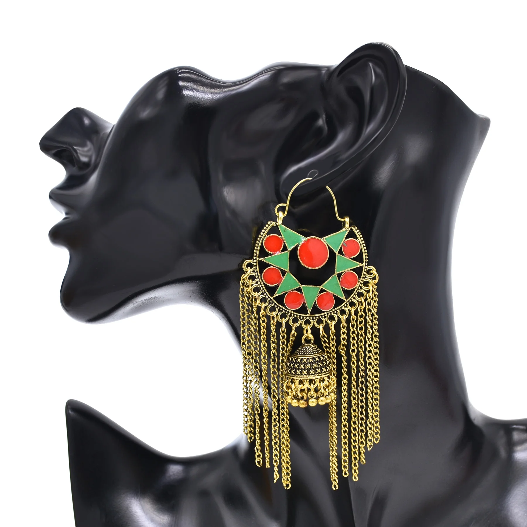 Retro Golden Bell Pendant Long Chain India Earrings for Women Green Triangle Red Round Drop Oil Earrings Afghan Pakistan Jewelry