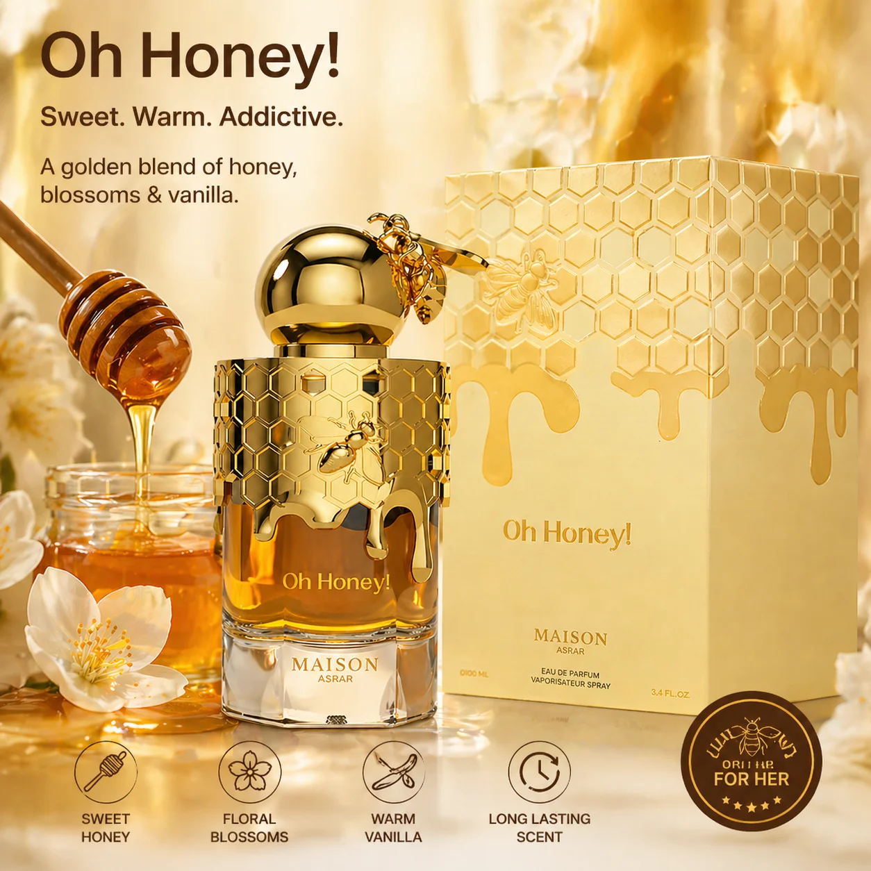 

Oh Honey! Maison Asrar Perfume for Women, Sweet Floral & Honey Accord, Long-Lasting Eau de Parfum, Elegant Daily Wear & Gift