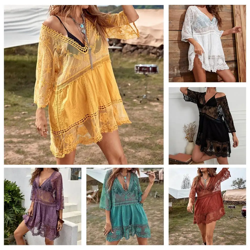 Swimsuits Woman 2024 Sexy Beach Cover Up V-neck Women Beach Tunic Dress Sarong Bikini Cover Up Crochet Top For Women Beachwear