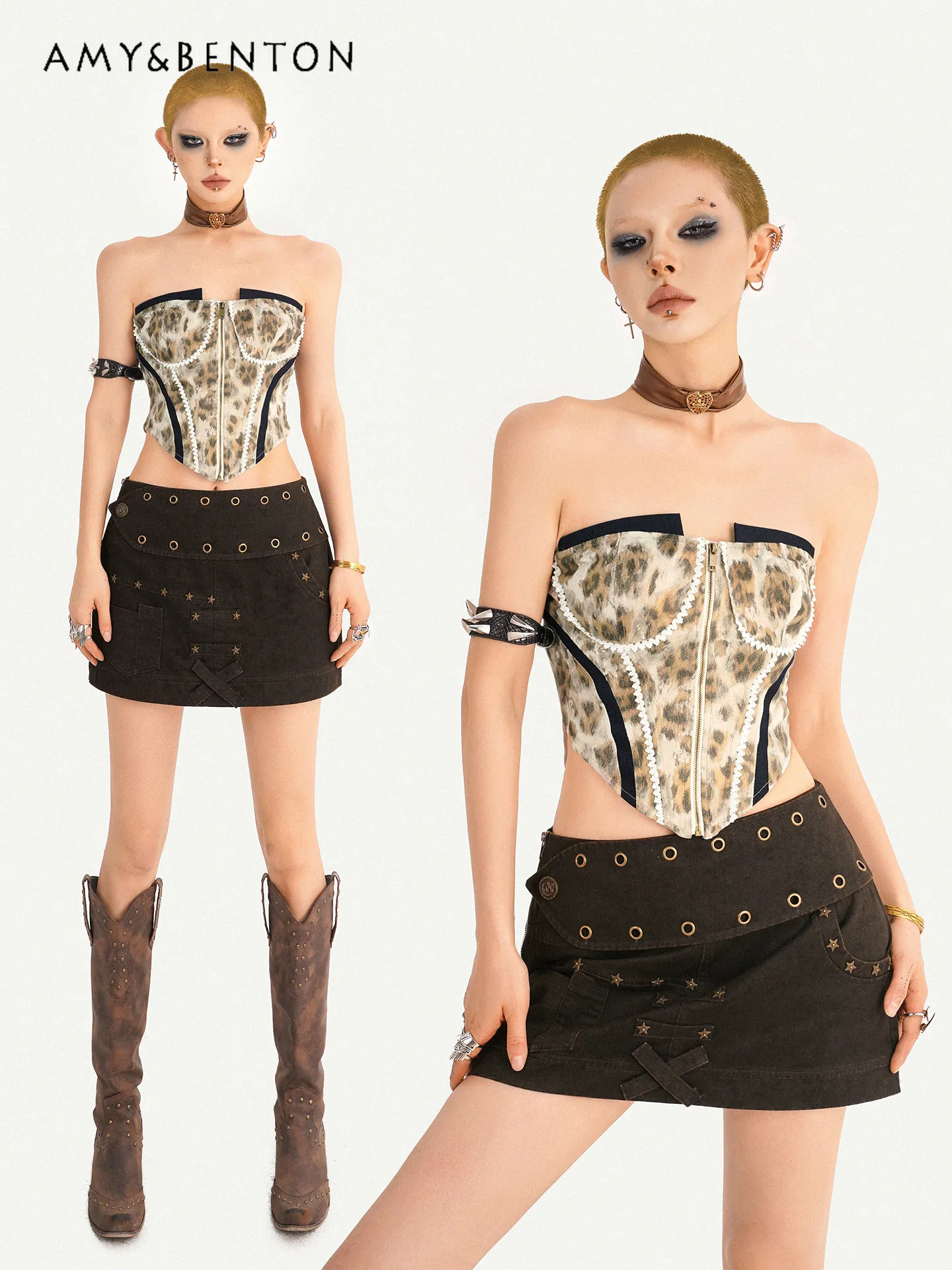 

Summer New American Streetwear Women Leopard Print Spliced Design Slim Short Bandeau Crop Top Y2K Spicy Girl Fashion Daily Wear