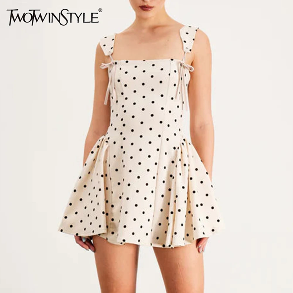 

TWOTWINSTYLE Colorblock Slimming Fashion Dresses for Women Square Neck Sleeveless Patchwork Polka Dot Mini Dress Female Clothes