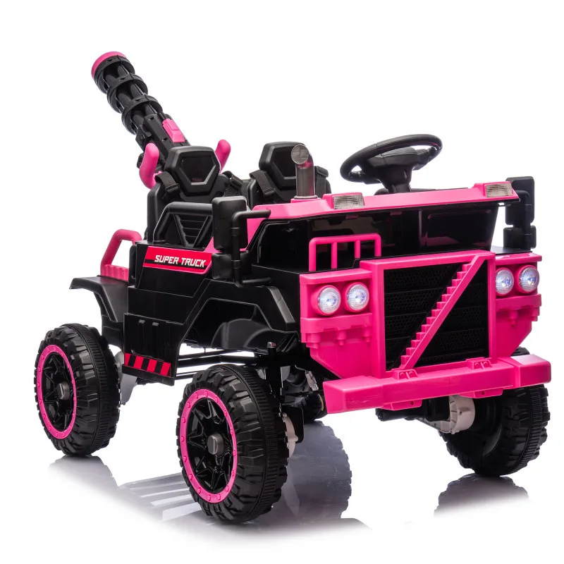 Un bel camion pour enfants 3 places avec un pistolet à eau intégré, un support électrique et un jouet de tour pour bébé rose réglable à 3 vitesses