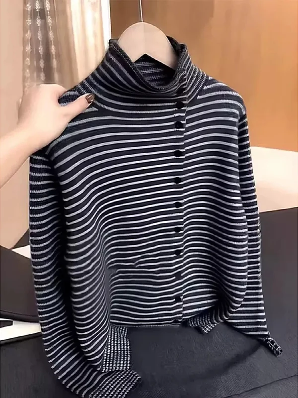 

plus Size Women's Korean Sle Striped Knitwear f High Collar Sweater Autumn Winter New Sle Slimming Meat Covering Inner...