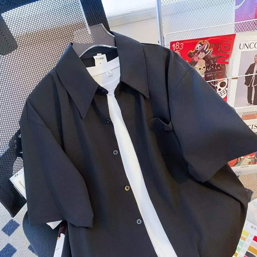 

Summer Ice Silk Men's Short Sleeve Shirt Pure Color Casual Style Standard Fit Polyester Fiber No Brand Youth Fashion Trend