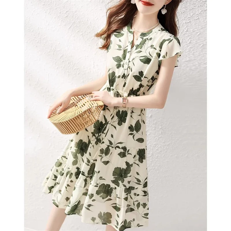 Women Dress 2024 New Chiffon Silk Acetate Original Single Ladies Summer Fashionable High-end Printing Medium Long A-line Skirt