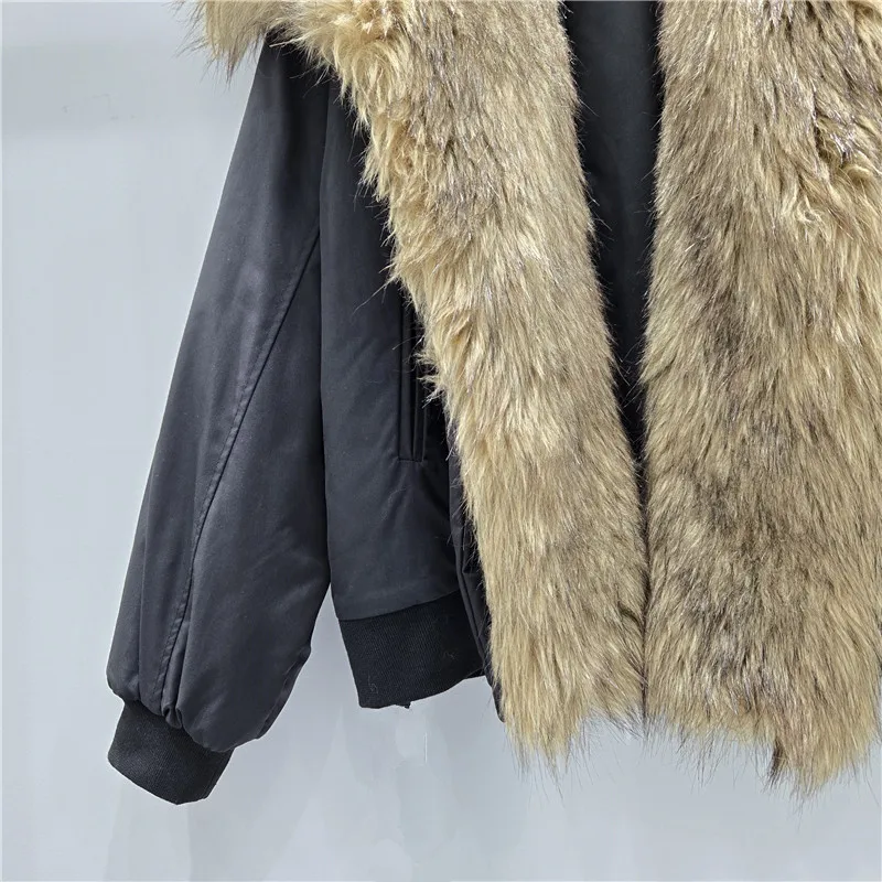 Autumn Winter Popular Eco-Friendly Furry Collar Patchwork Color Block Top Overcoat Thickened Warm Cotton Jacket Faux Fur Coat