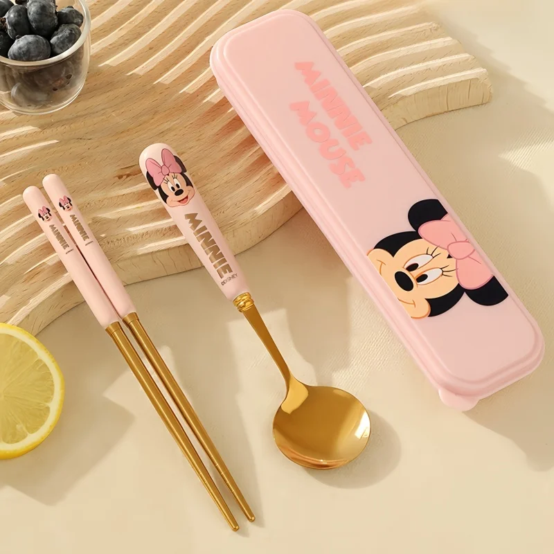 Miniso Disney Mickey Stainless Steel Tableware Cute Kawaii Minnie Chopsticks Spoon Cartoon Printing Child Portable Cutlery Box