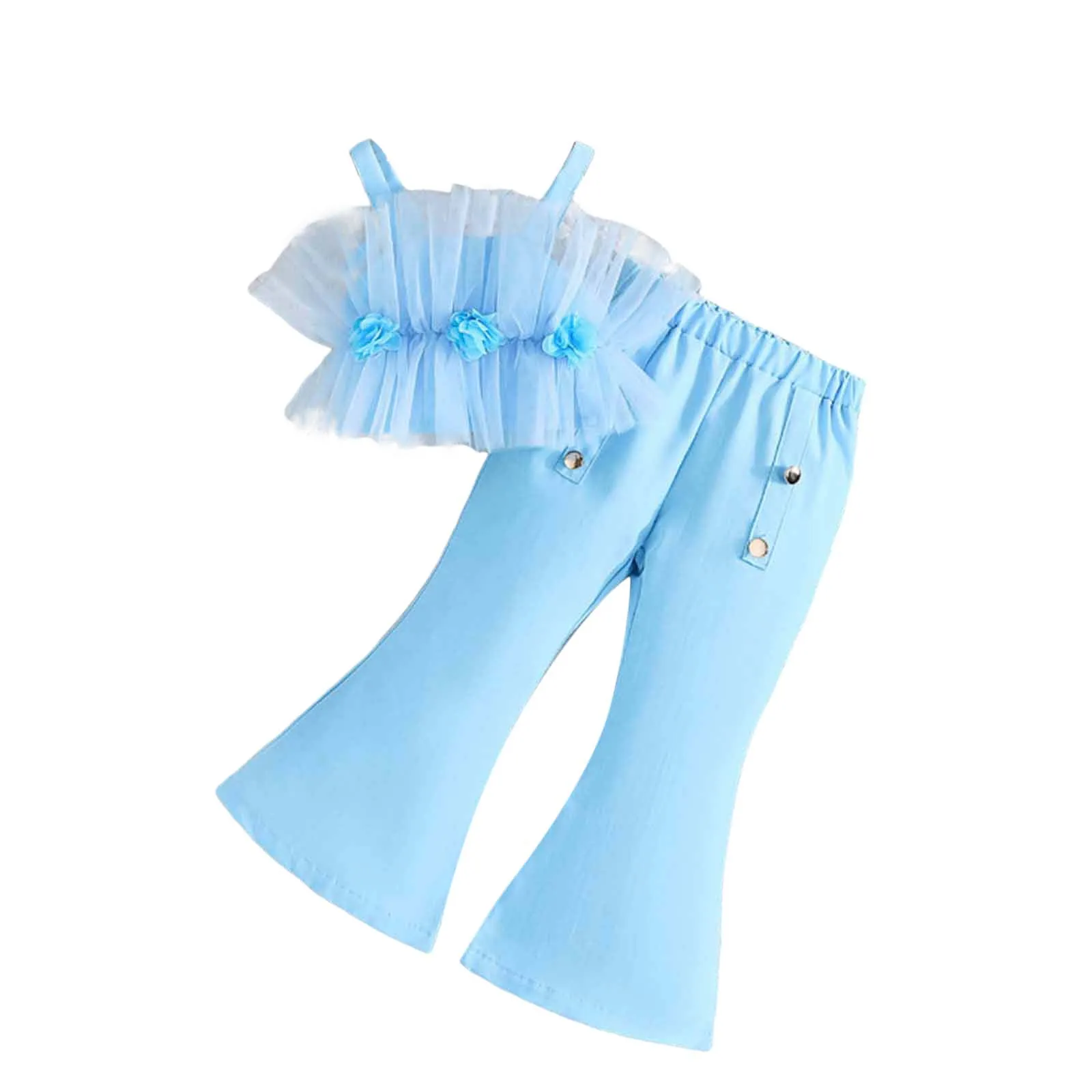 

Толстовка и спортивные штаны для девочек, лето 2025 года, однотонный топ с розовой сеткой на бретельках, брюки-труба, модный комплект, комбинезон для девочек