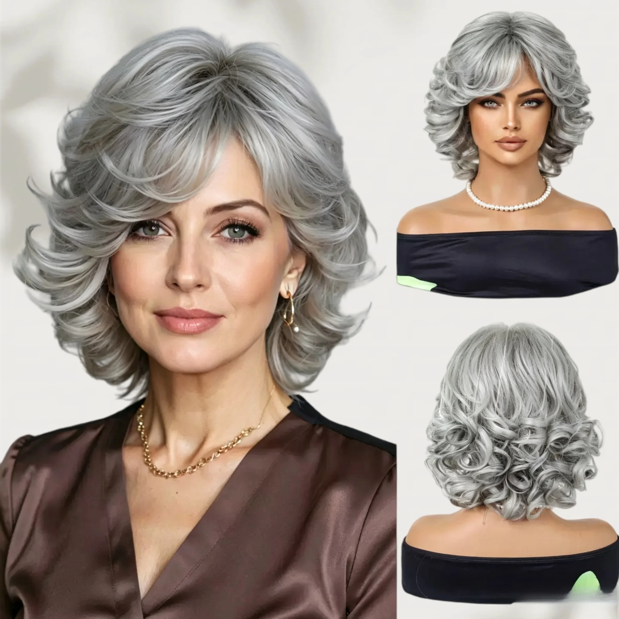 Short curly bob wig suitable for middle-aged women, synthetic full-head wig, fluffy and realistic European and American style