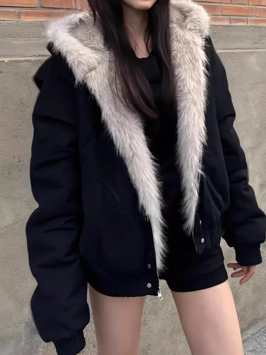 

Ретро-американское пальто с капюшоном и меховым воротником, женское зимнее, очень теплое, хлопковое, в стиле слэш, свободного кроя