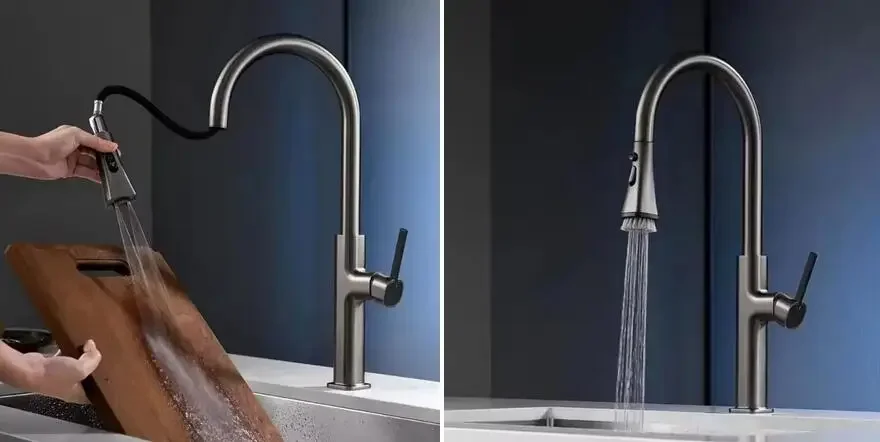 005 New Trend Deck Mount Hot and Cold Gun Gray Single Hole Handle Pull Down Gourmet Kitchen Sink Faucet with pull out Sprayer