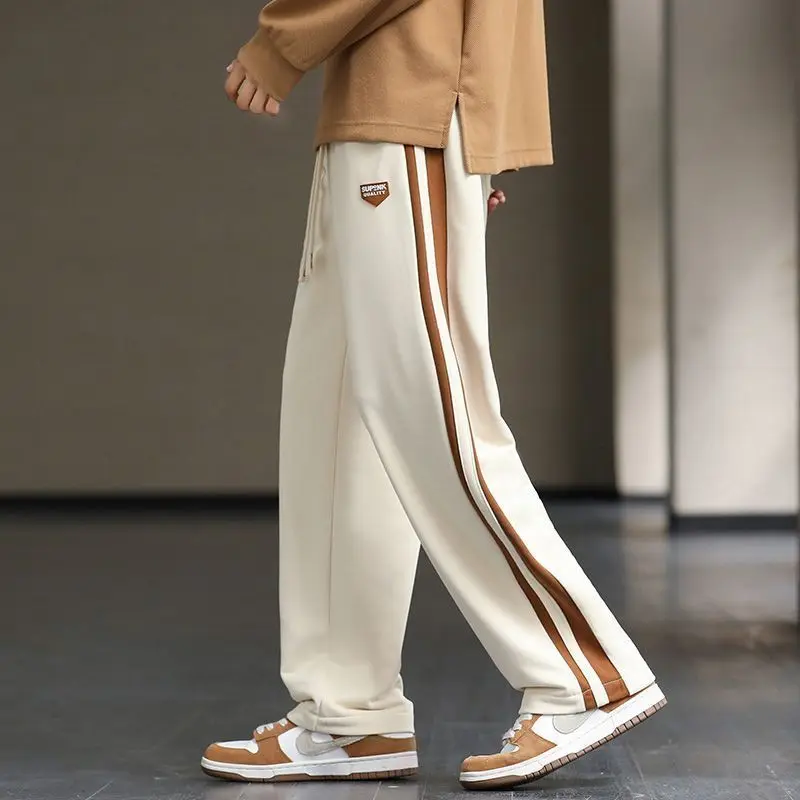 Spring Autumn Elastic Waist Fashion Straight Pants Man High Street Contrast Color Casual Pockets Drawstring All-match Trousers