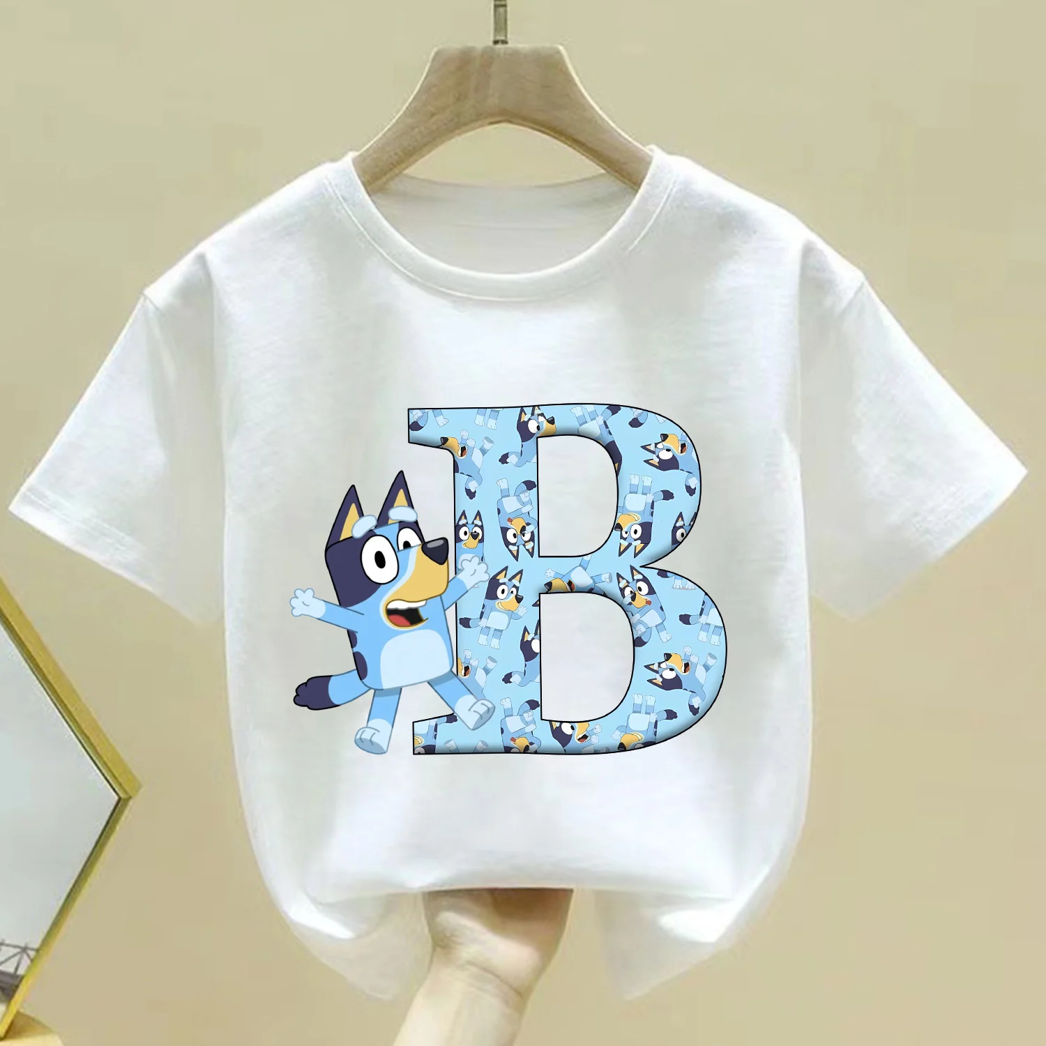 Blueys New T-shirt for Children  A-Z Letters Tee Top Cute Cartoon Boys Girl Clothes Anime Kids Short Sleeve White Loose Clothing