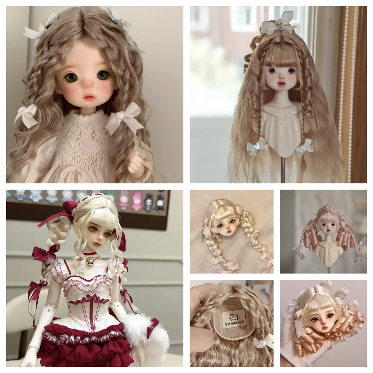 Hot Sale 1/3 1/4 1/6 BJD Mohair Wig Set, Handmade Vintage Curly Long Hair with Bangs, Dollhouse Accessories Retro Birthday Gift