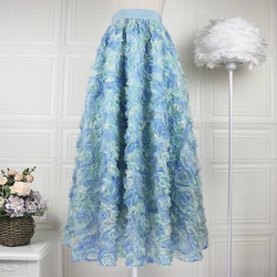 Women High Rise Floral Vintage A-line Tulle Midi Skirt Retro Skirt 2023 Summer New In