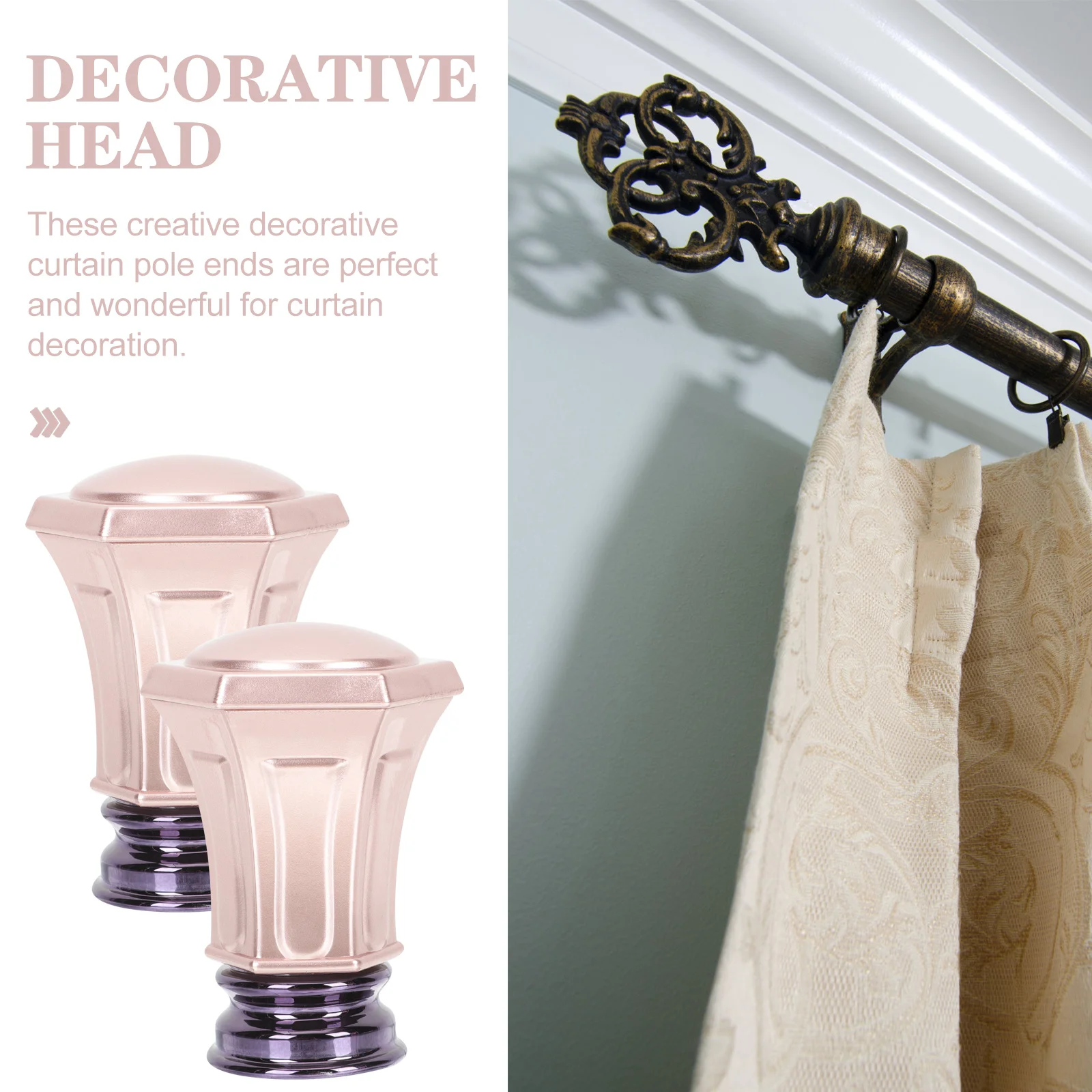 

2Pcs Rose Gold Curtain Rod Ends Decorative Metal Finials Easy Install Curtain Pole Caps Window Drapery Rod Replacement