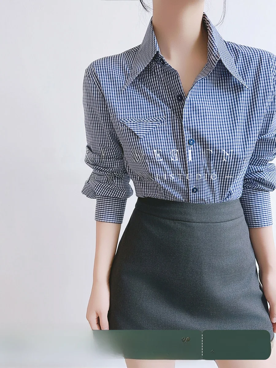 

Элегантная женская летняя рубашка XALI в синюю клетку, приталенная, в стиле Miu, с длинным рукавом, для офиса и повседневной носки