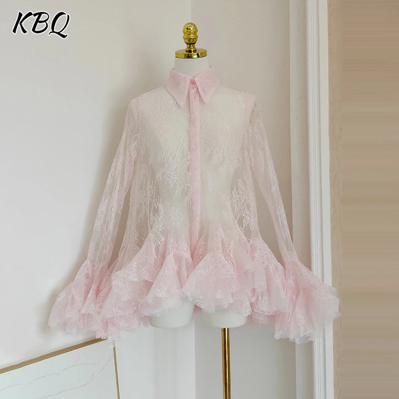 

KBQ Solid Sheer Spliced Lace Sexy Mini Dresses for Women Lapel Long Sleeves Patchwork Ruffles Folds Mini Dress Female Fashion