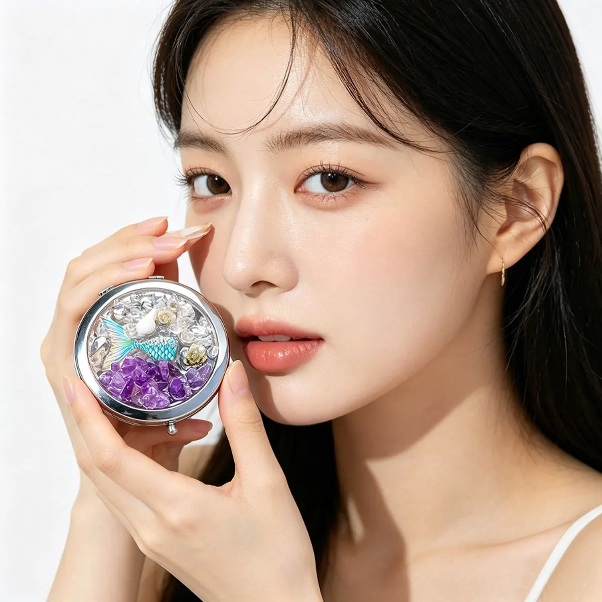 1pc Natural Crystal Makeup Mirror - Foldable Handheld Touch-Up Pocket Mirror - Valentine's Day Gift