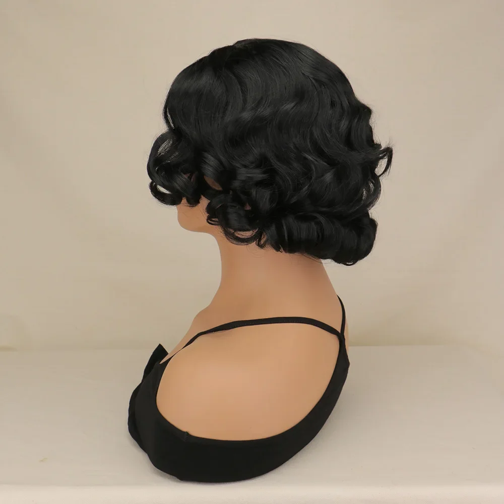 سنو وايت قصير أسود مجعد الباروكات مع الجزء الأوسط شعر مستعار اصطناعي تأثيري شعر مستعار المرأة زي لحفلة الهالوين #3