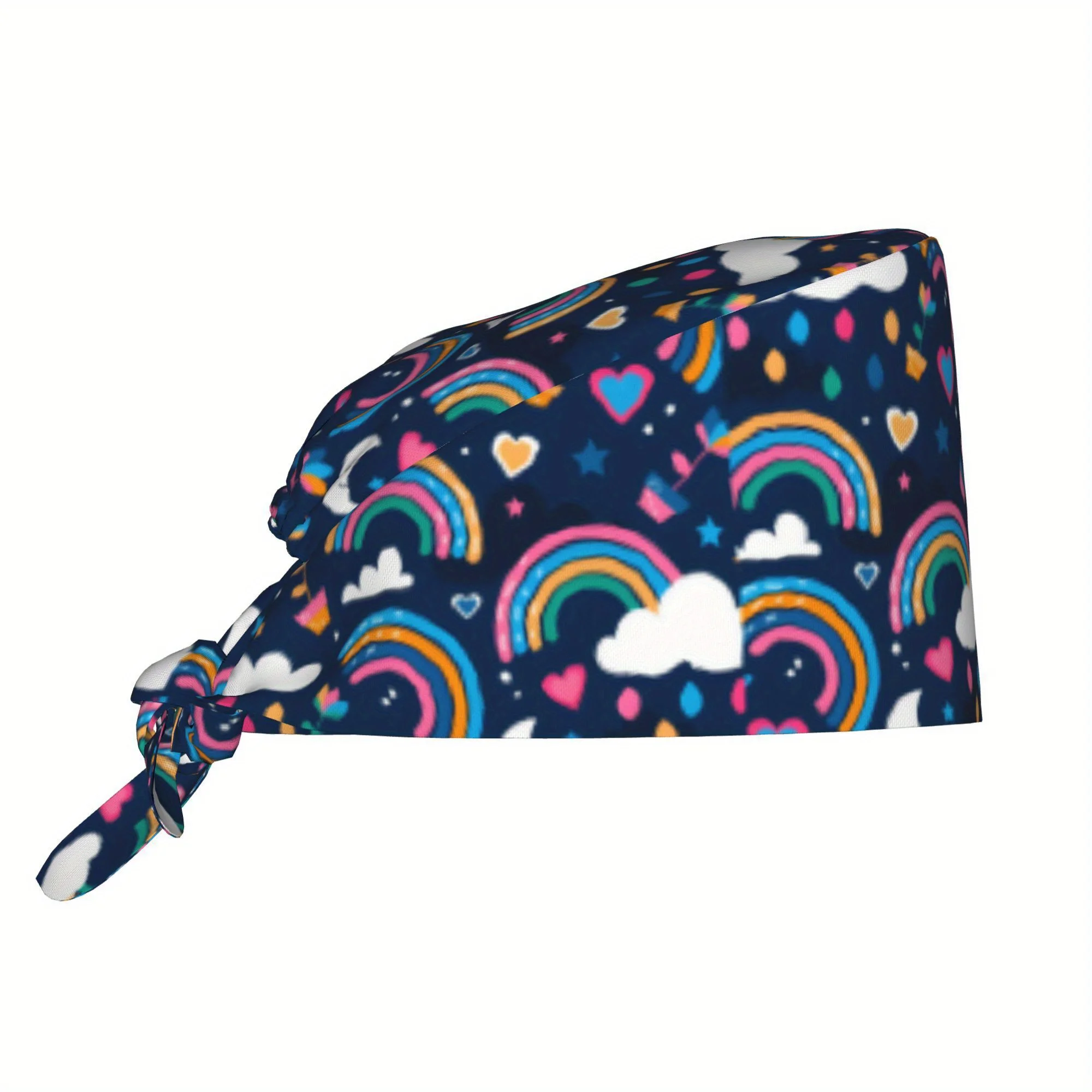 1pc Women's Lightweight Adjustable Tie-Back Nurse Hat - Vibrant Rainbow Hearts Stars Clouds Print, Elastic Dustproof Chef Cookin