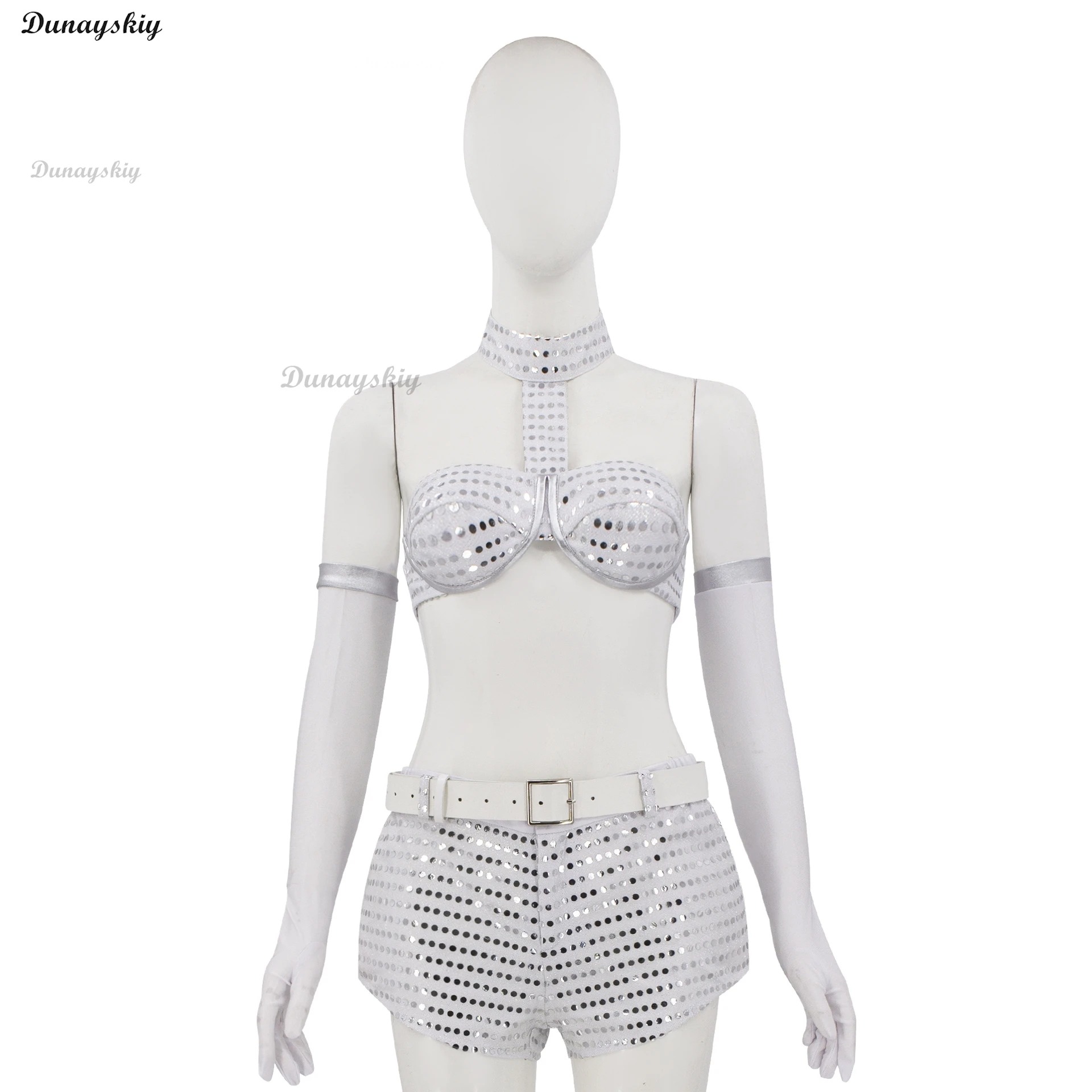 Movie Austin Powers Cosplay Woman Robot Costume Sexy Sliver Top Bra Shorts Suit Stage Performance Outfit Halloween Customized