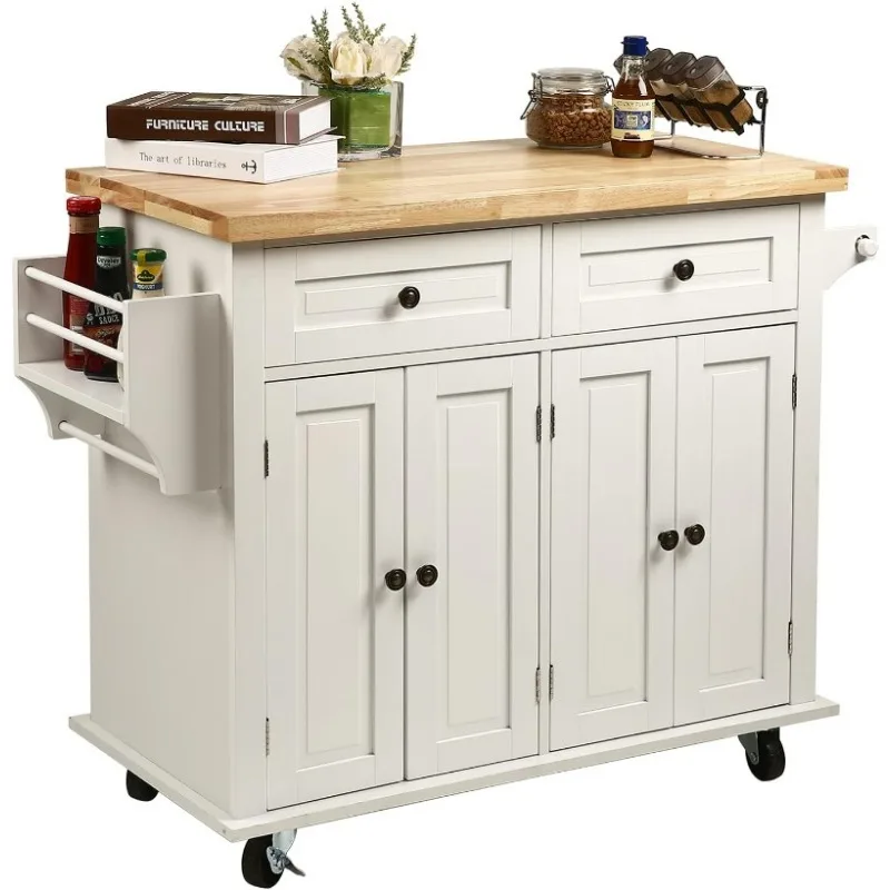 

Kitchen Island Cart,Kitchen Bar&Serving Cart Rolling on Wheels with Spice Rack Towel Holder Utility Storage Trolley with Drawers