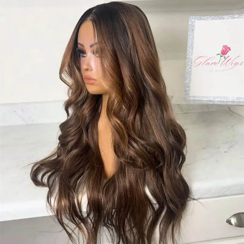 Trendy Daily Party Wig Ombre Chocolate Brown HD Invisible Lace Front Wig with Dark Roots Heat Resistant Fiber Wig Glueless Wigs