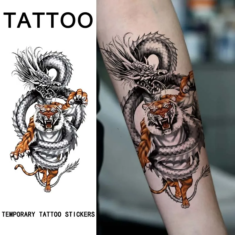 

Битва дракона и тигра, 1 шт. временная татуировка-наклейка, долговечная и водонепроницаемая, реалистичные поддельные татуировки для мужчин и женщин.