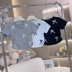 Baby Girl Cotton Bow Short Sleeve T-shirt Summer Autumn Infant Toddler Child Pullover Casual Sweatshirt Baby Clothes 18M-7Y