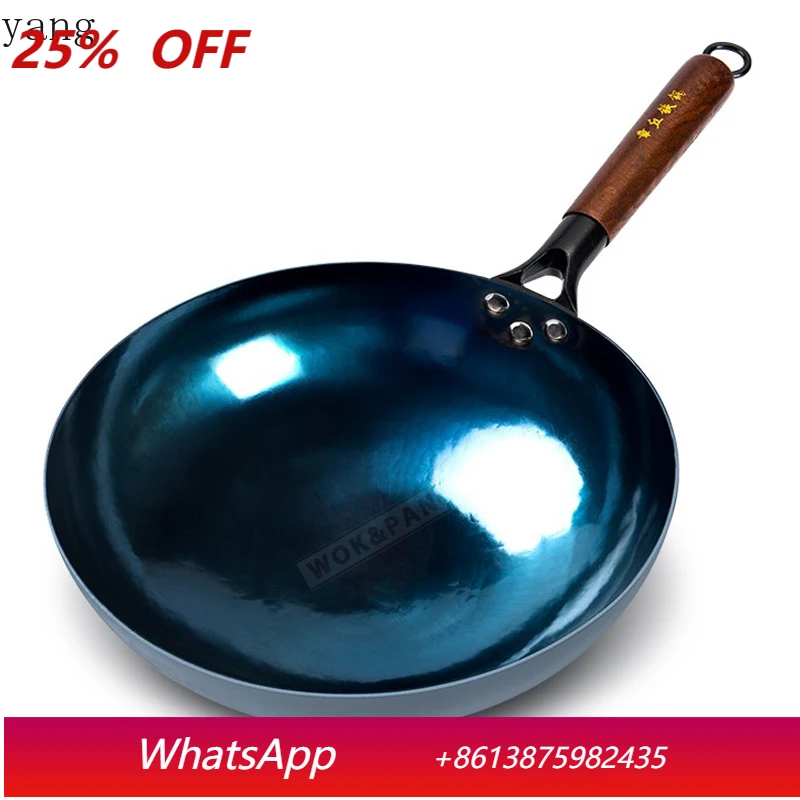 

LMM Mirror Iron Pot 30cm Wooden Handle Seasoning Pot Uncoated Kitchen Cookware Round Bottom Pot