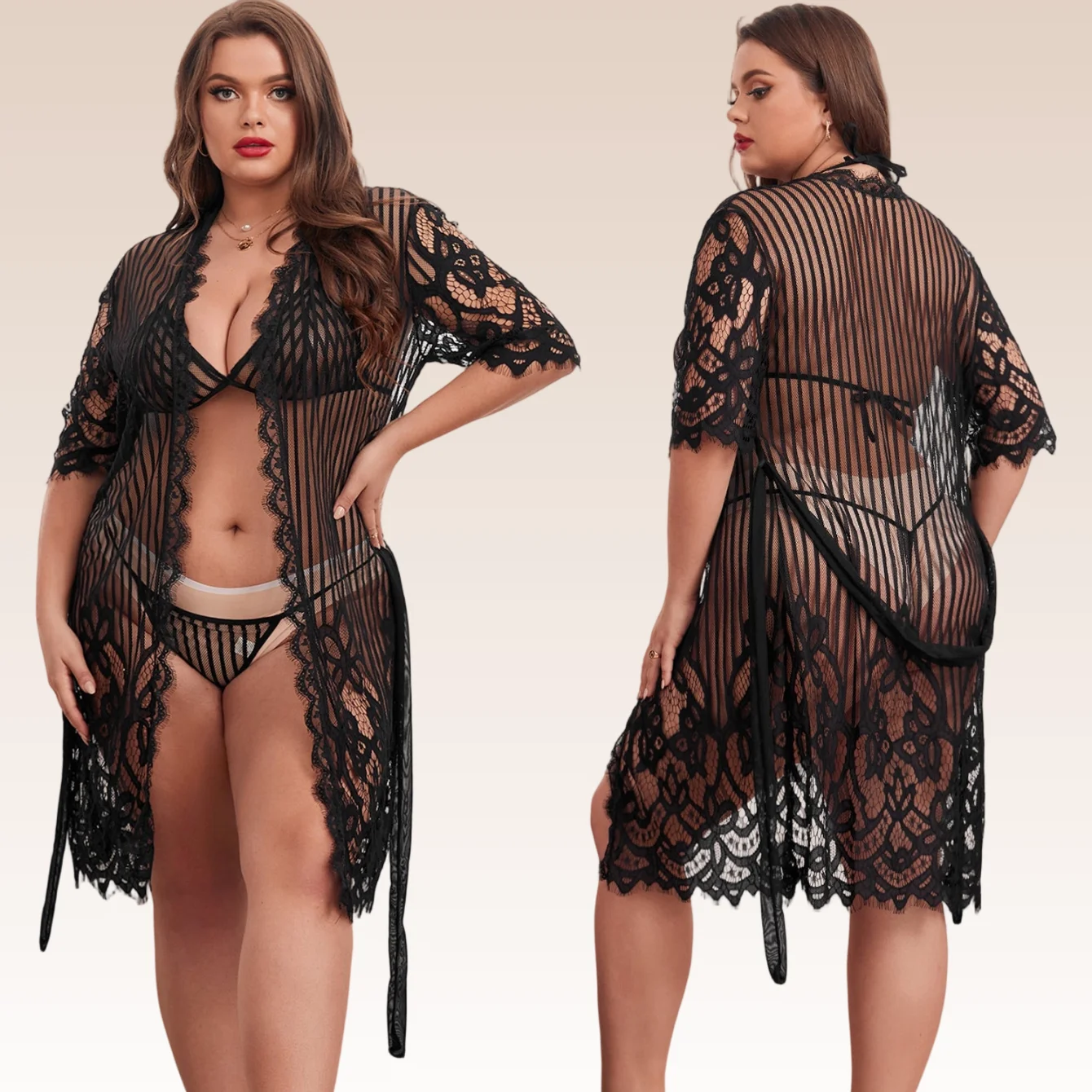 

Curvy Women Black Lace Striped Mesh Lingerie Robe Set Sheer Open Front Kimono Cardigan Lingerie Exotic Sexy Nightwear Sleepwear