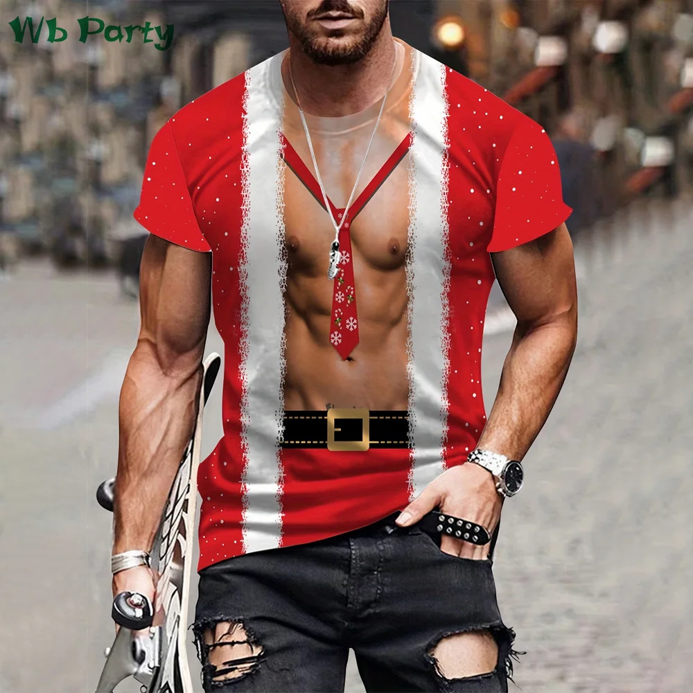 

Christmas Funny Muscle Print Graphic T shirts Mens Clothing O-Neck Men's Short Sleeve Tee Loose Men T-shirt Harajuku Y2k Clothes