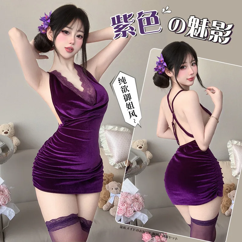 

Sexy Lingerie Lace Wrap Hip Skirt Purple Uniform Backless Pajamas V-neck Dress Charm Adult Women's Costumes Temptation Purple