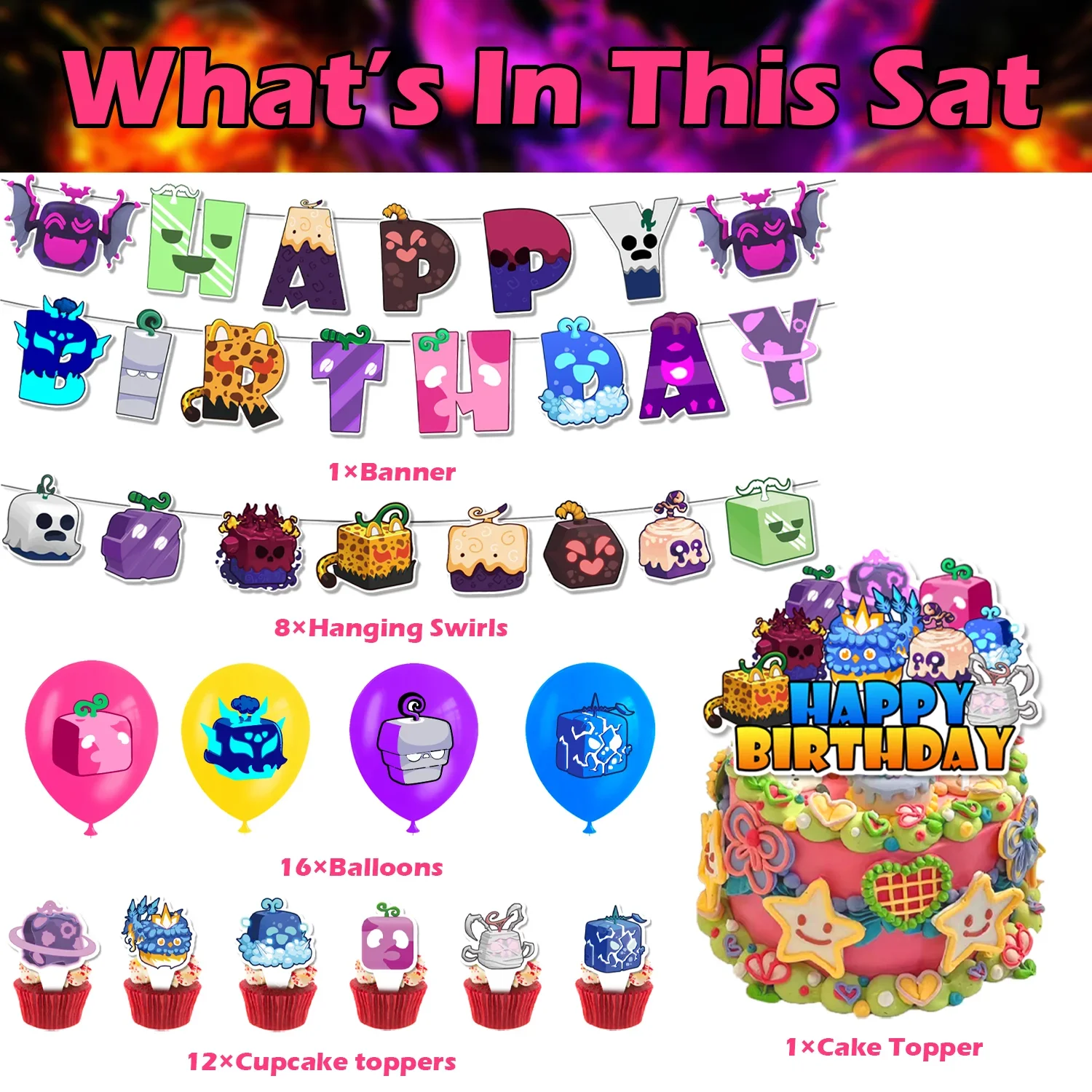 Cartoon Blox Fruits Themed Birthday Party Decoration Balloon Banner Cake Topper Game Box Party Supplies Kids Boys Baby Shower