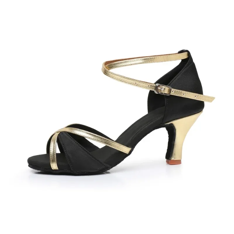 Women's Latin Dance Shoes, High Heels, Soft Soled, Durable Shoes, Adult Black and Gold Color Matching, Fashionable Dance Shoes