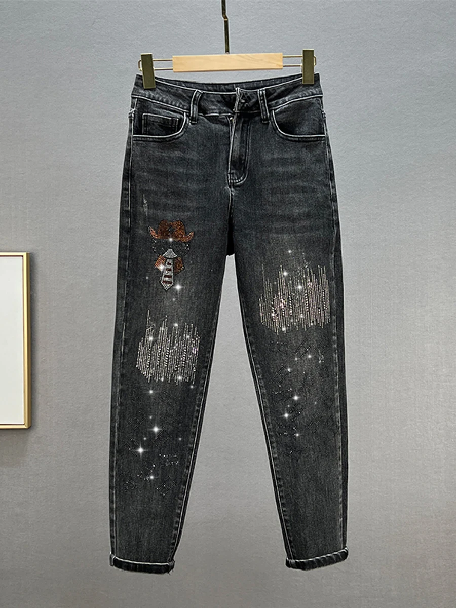 

High Waist Dad Jeans Women's Trendy 2026 New Spring Loose Slimming Iron Diamond Cotton Stretch Denim Medium Hardness Daily Wear