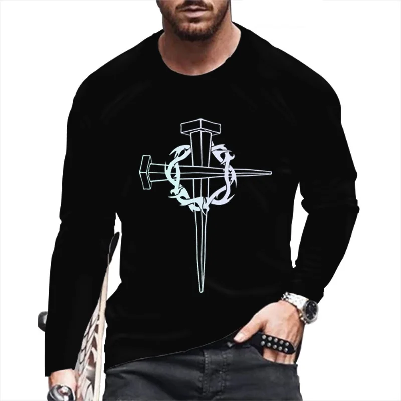 

Fashion Jesus Graphic Print T Shirt For Men Cool Cross 3D Printed Tees Autumn Casual Oversized Round Neck Long Sleeve Street Top