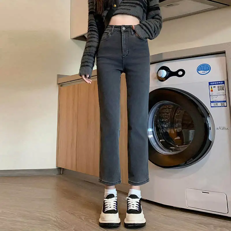 

High Waist Straight Leg Denim Jeans Women's ey Bla Nine Points Elastic Slim Fit Faionable Autumn Winter Commute Sle